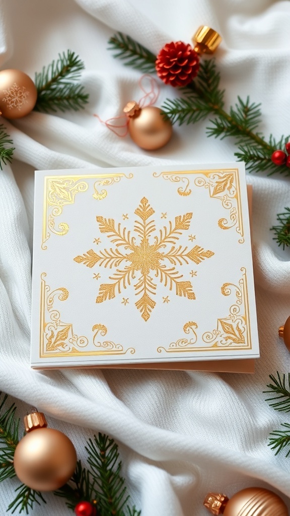 Luxury Christmas card with gold foil accents and snowflake patterns on a festive background.